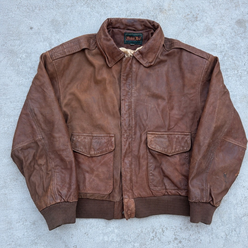 British Mist Bomber Jacket Medium Brown 90s Vintage Map Lining Distressed Jacket